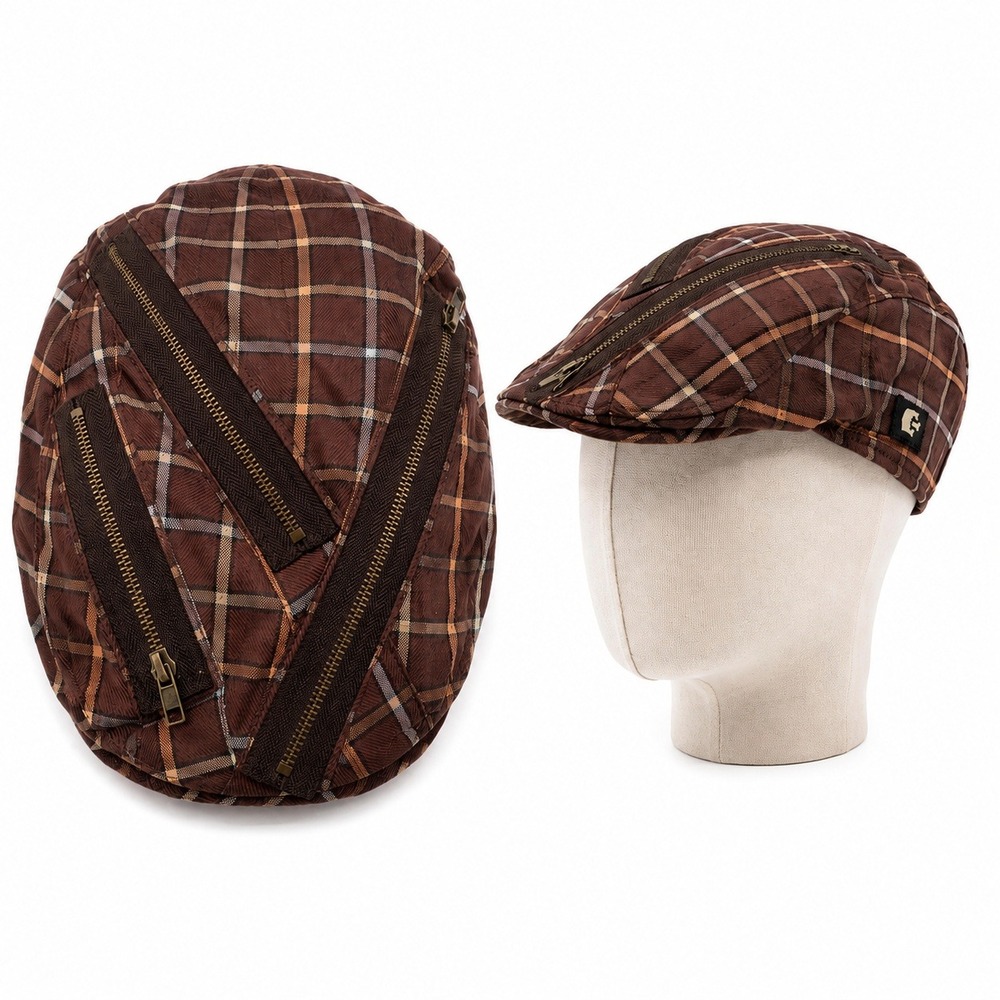 Goorin Bros Newsboy Hat SZ M Brown Plaid Zipper Flat Cap Cabbie Y2K Academia